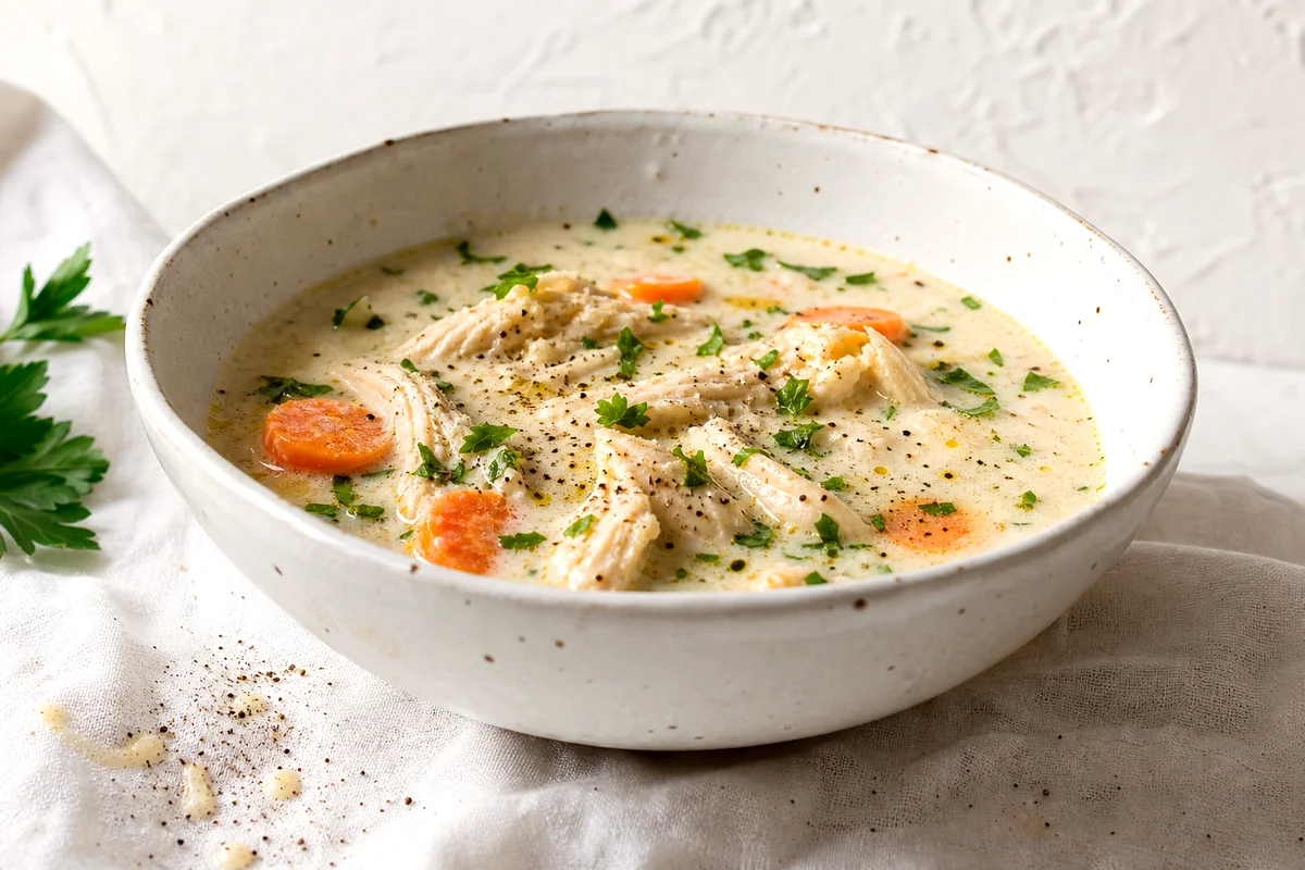 Creamy garlic chicken soup with shredded chicken, carrots, parsley, and black pepper in a white bowl