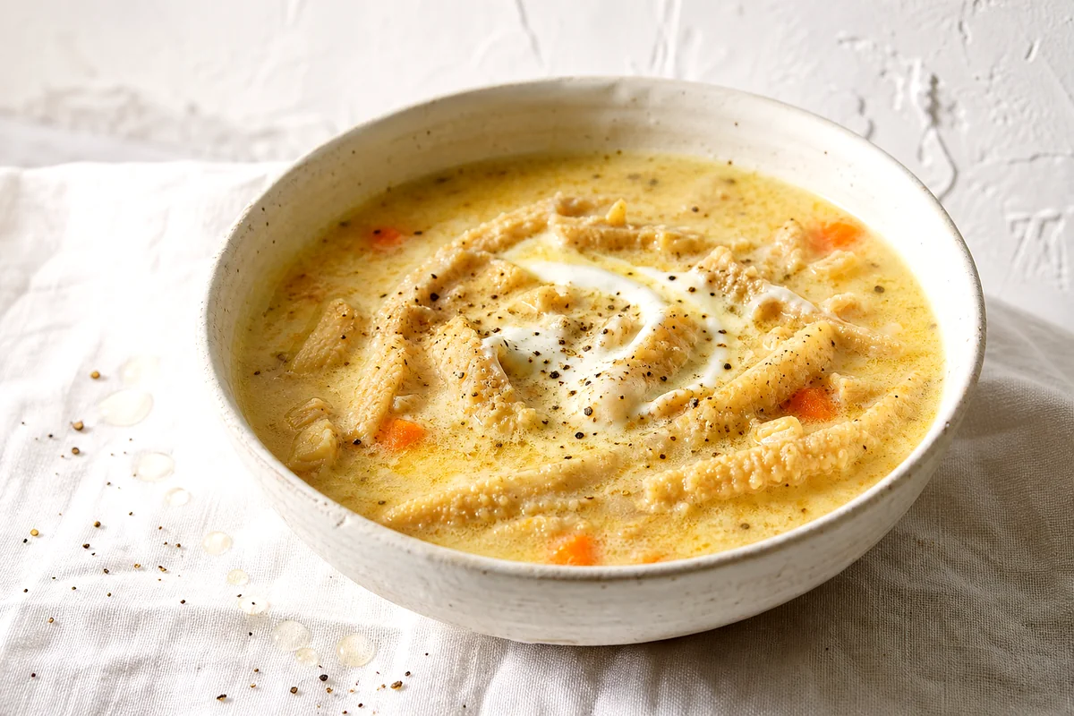 Creamy Romanian tripe soup with sliced tripe, carrots, black pepper, and sour cream in a white bowl