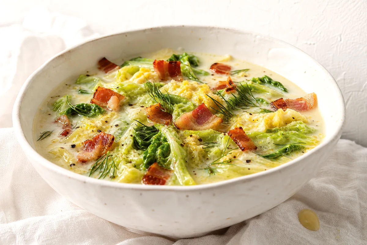 Creamy lettuce soup with bacon, egg ribbons, and fresh dill in a white ceramic bowl