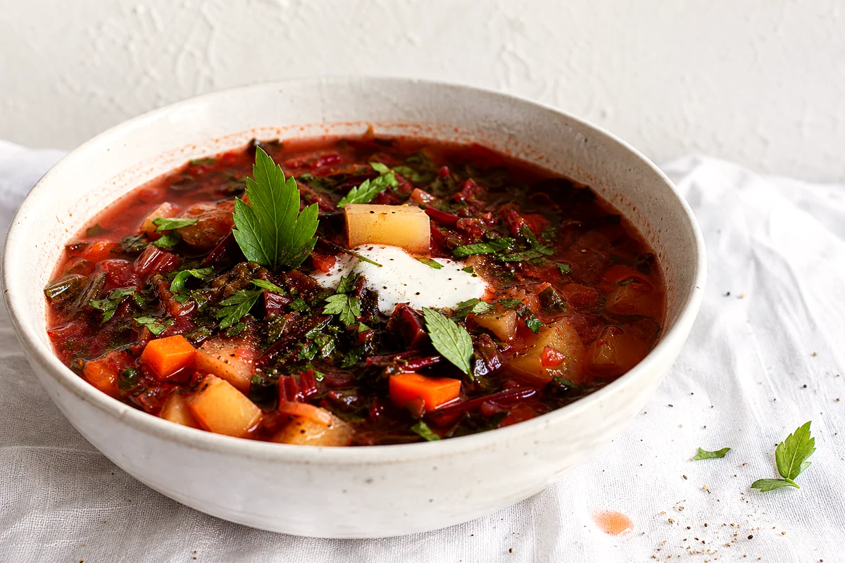 Rosy Romanian red orach soup with potatoes, carrots, herbs, and sour cream in a white ceramic bowl