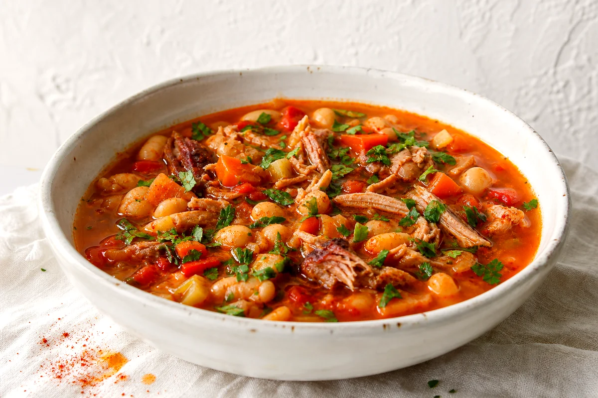 Hearty white bean soup with smoked pork, vegetables, paprika broth, and parsley in a rustic white bowl