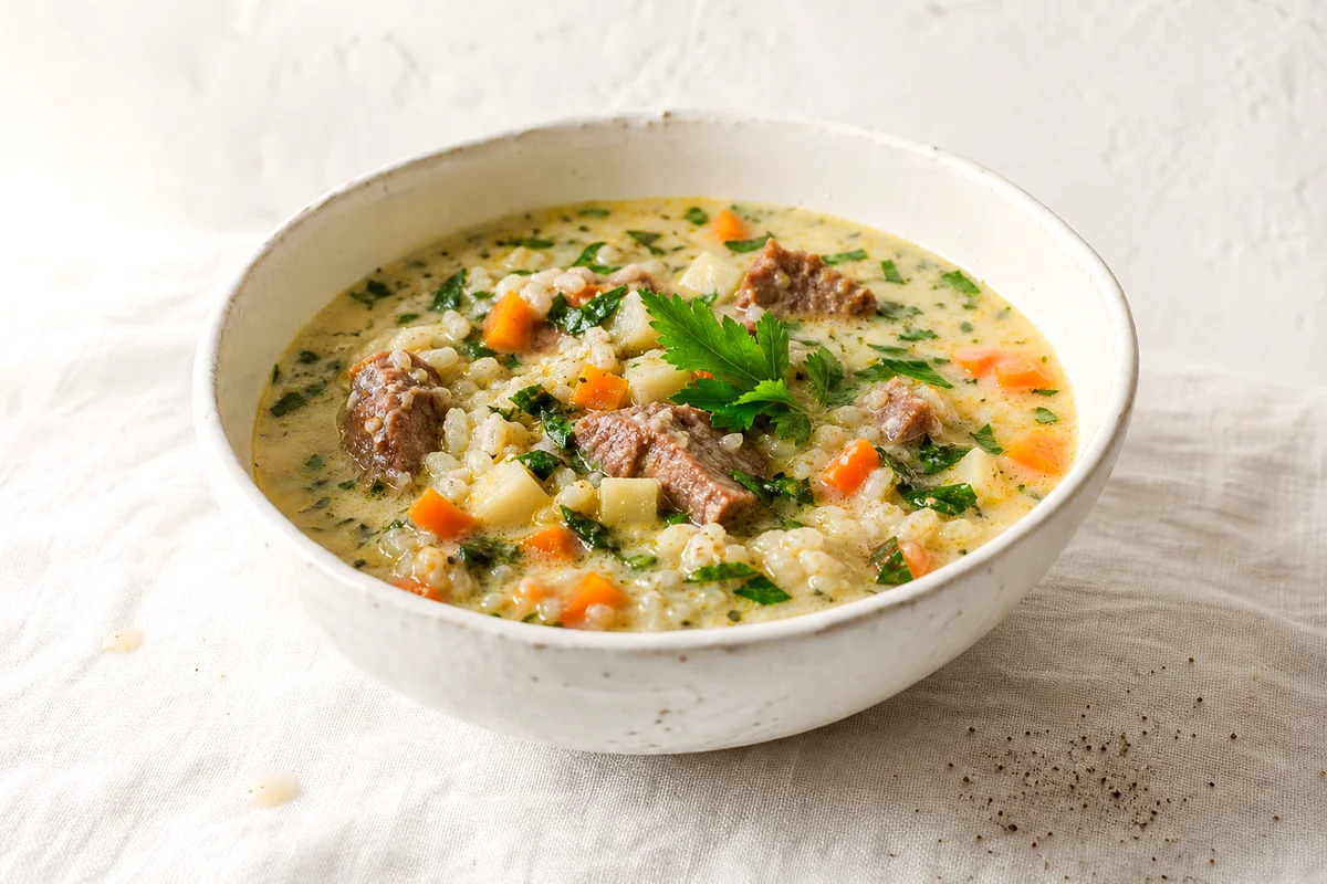 Creamy sour lamb and rice soup with root vegetables and fresh herbs in a white bowl