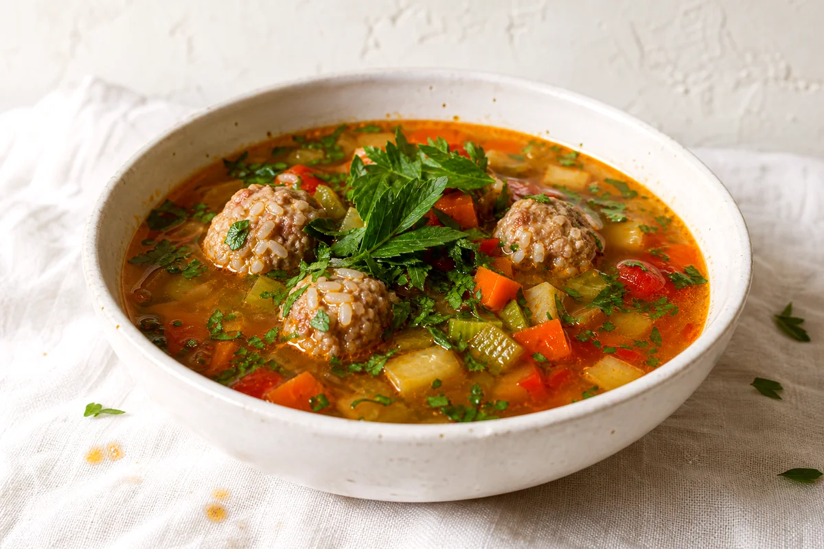 Tender rice meatballs in tangy tomato broth with carrots and fresh herbs
