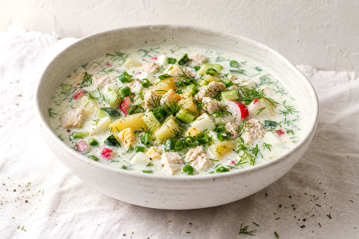 Cold kefir vegetable soup with potatoes, cucumber, radishes, egg, chicken, and dill in a white ceramic bowl