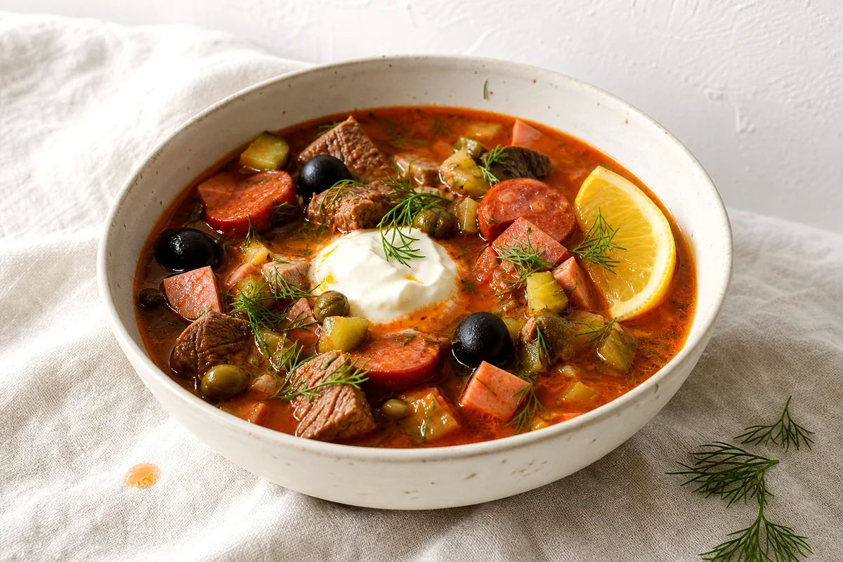 Tangy meat soup with sausage, pickles, olives, sour cream, lemon, and dill in a white ceramic bowl