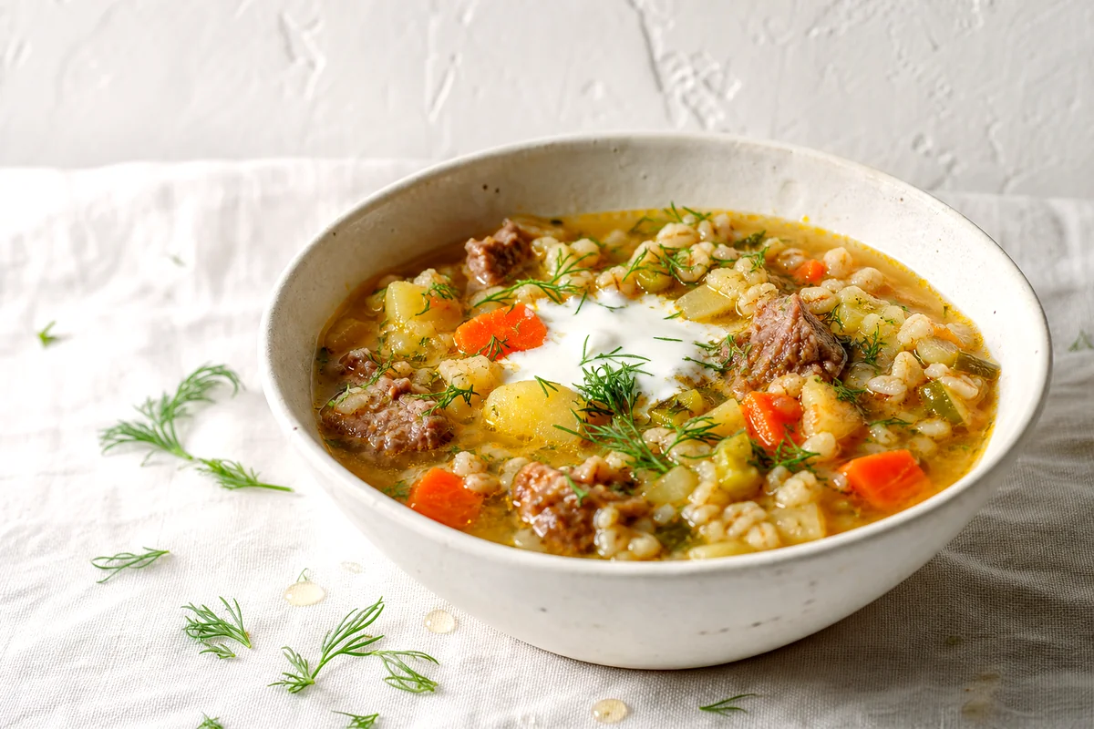 White bowl of pickle and barley soup topped with dill and sour cream