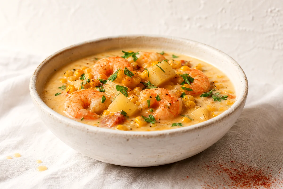 Creamy shrimp and corn chowder with potatoes and parsley in a white ceramic bowl