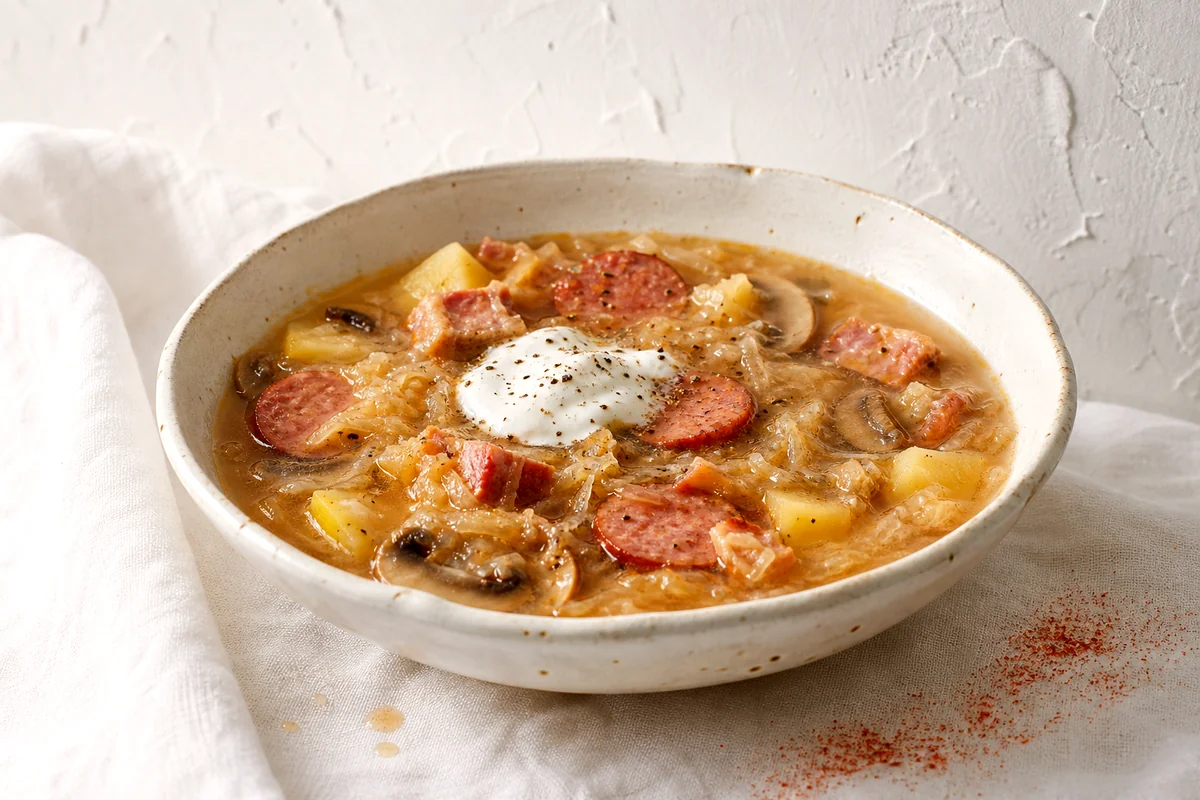 White ceramic bowl of Slovak sauerkraut soup with sausage, potatoes, mushrooms, and sour cream