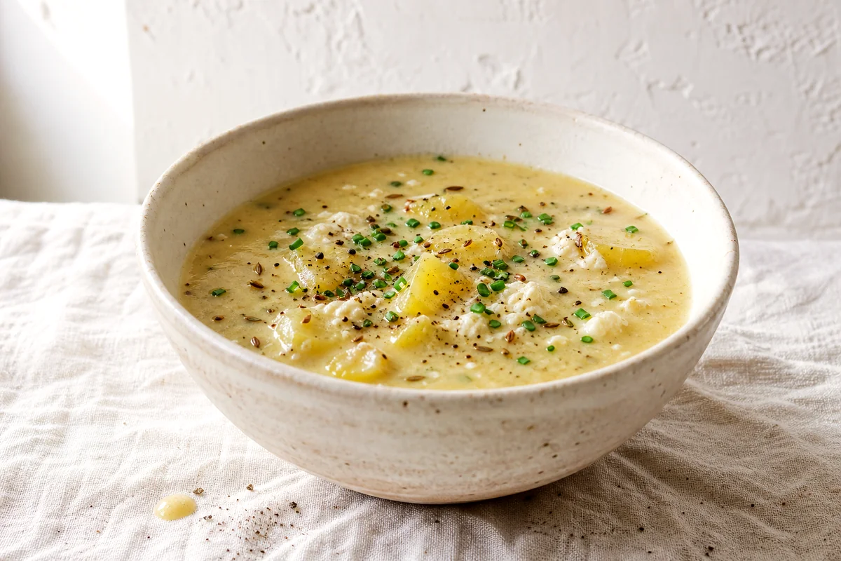 Creamy potato soup with bryndza, chives, caraway, and black pepper in a white ceramic bowl
