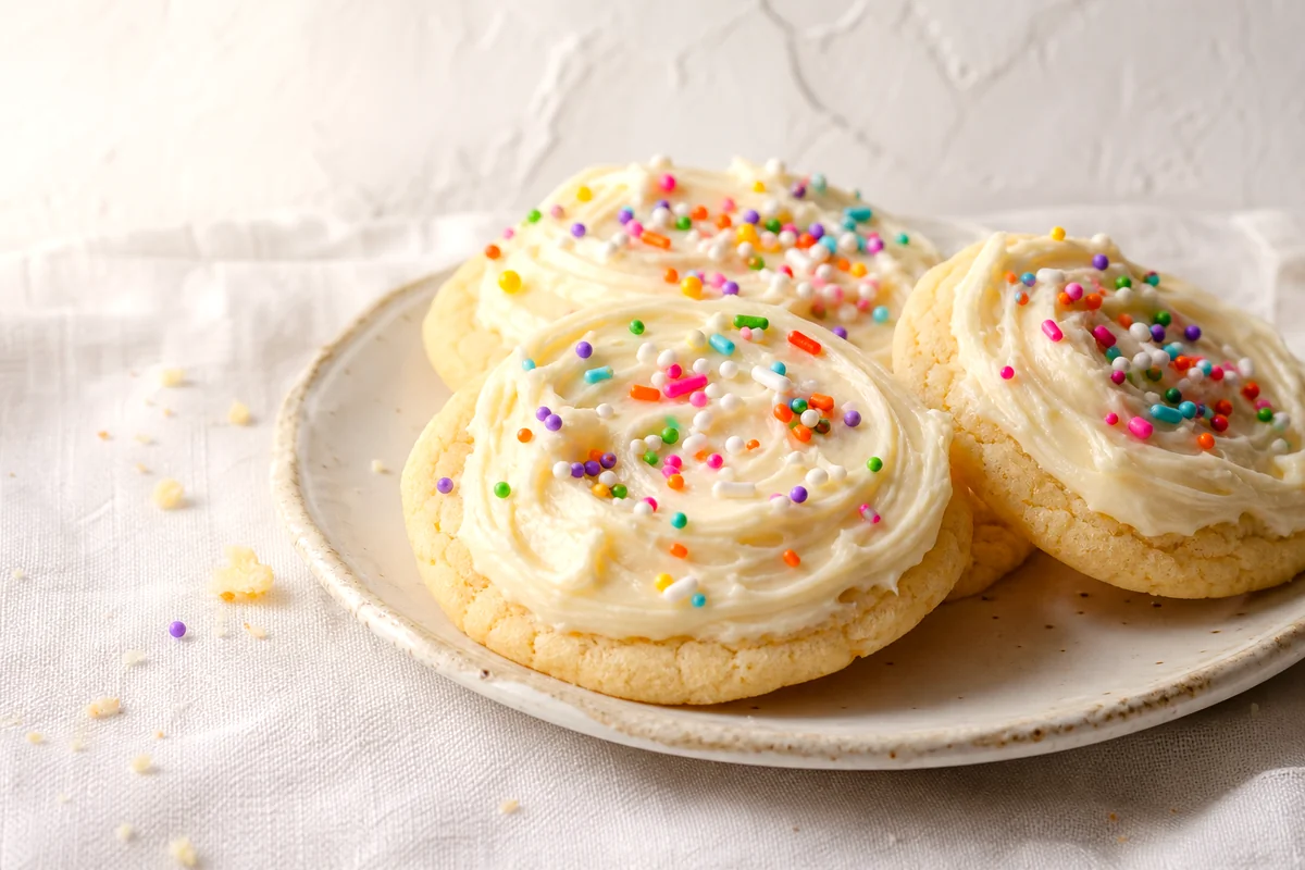 Pale frosted sugar cookies with colorful sprinkles on a white ceramic plate