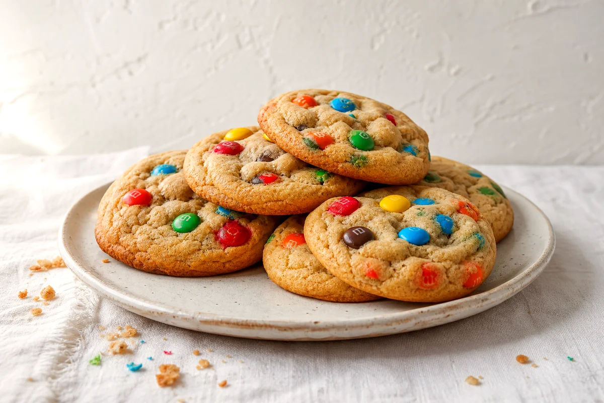 Stack of soft M&M cookies with golden edges on a white ceramic plate