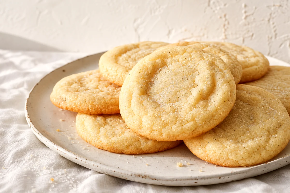 Soft sugar cookies with pale golden edges stacked on a white ceramic plate