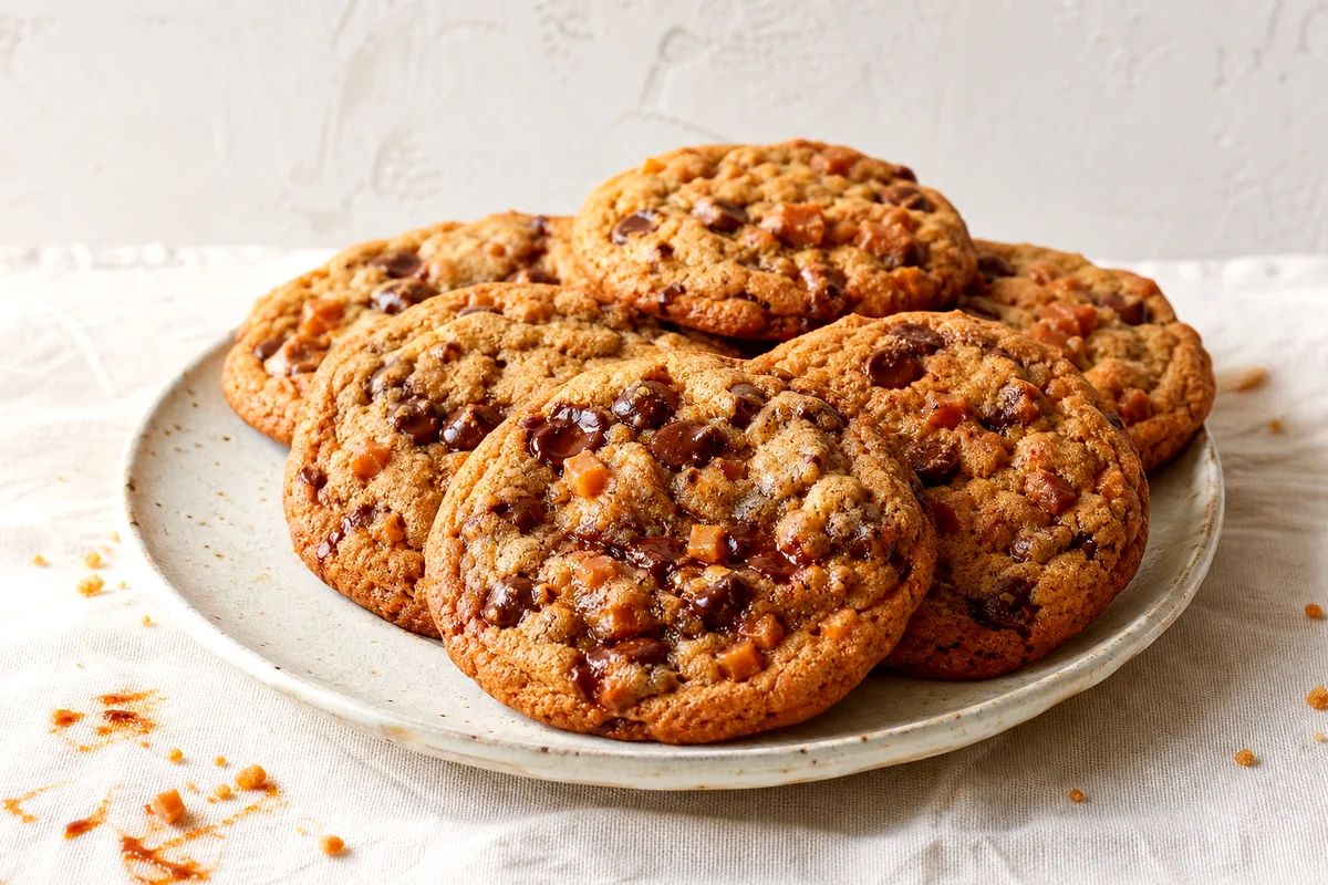 Stacked toffee chocolate chip cookies with melted chocolate and caramelized edges on a white plate
