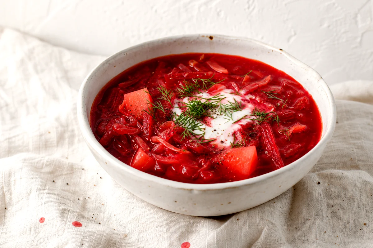 Ruby beet and cabbage soup topped with sour cream and fresh dill in a white ceramic bowl