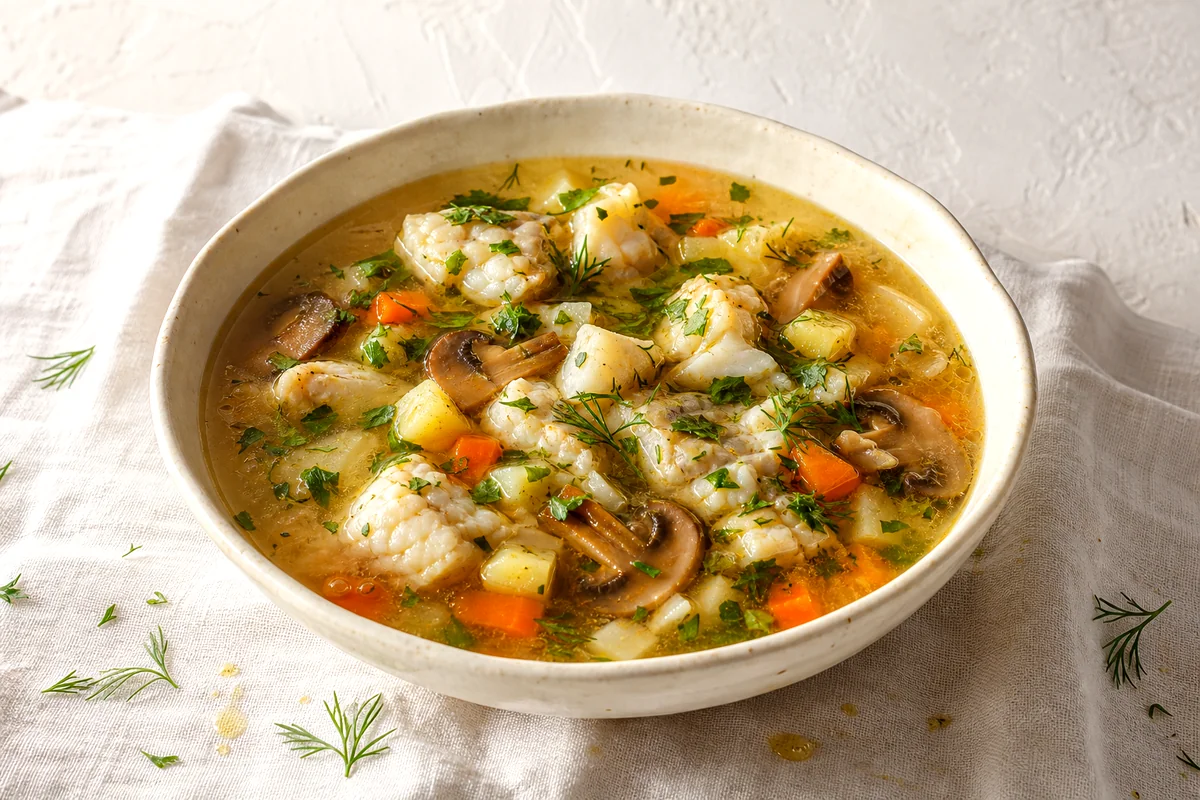 Flaky white fish, mushrooms, potatoes, and herbs in a golden soup broth