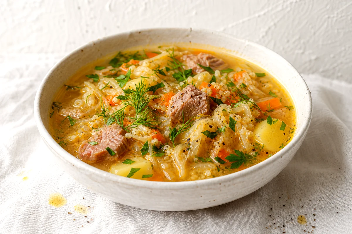 Tender pork, potatoes, sauerkraut, carrots, and herbs in a golden broth served in a white ceramic bowl