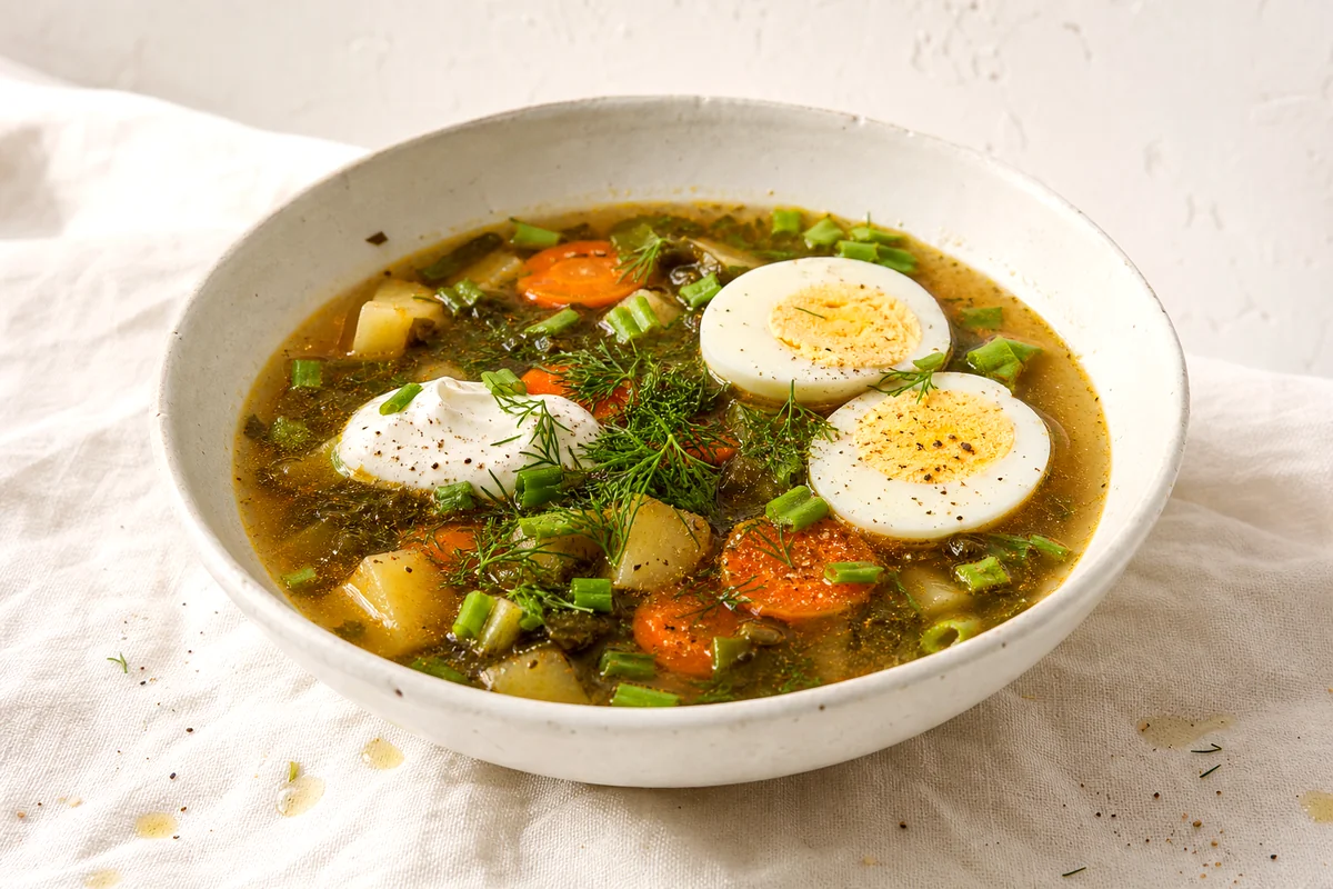 Bowl of Ukrainian sorrel soup with egg halves, sour cream, dill, and green onions