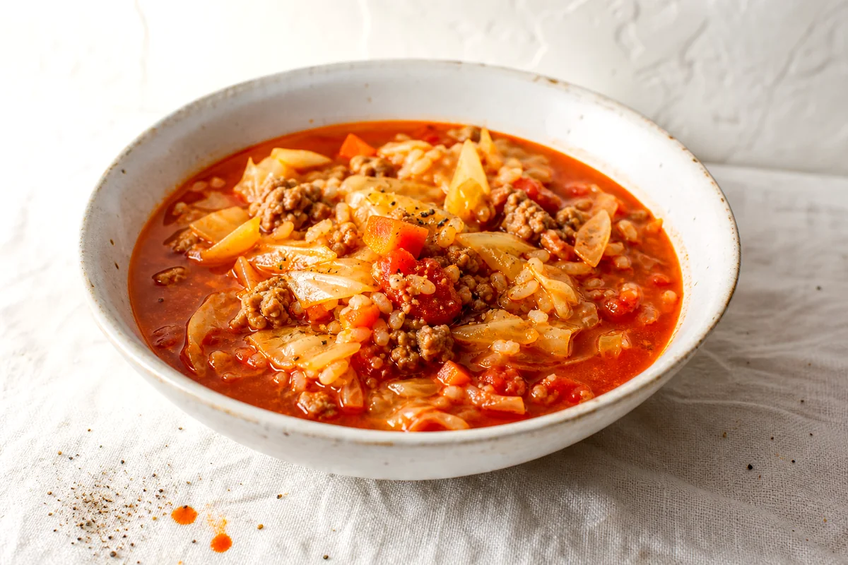 Bowl of tomato based cabbage roll soup with ground meat, carrots, rice, and tender cabbage