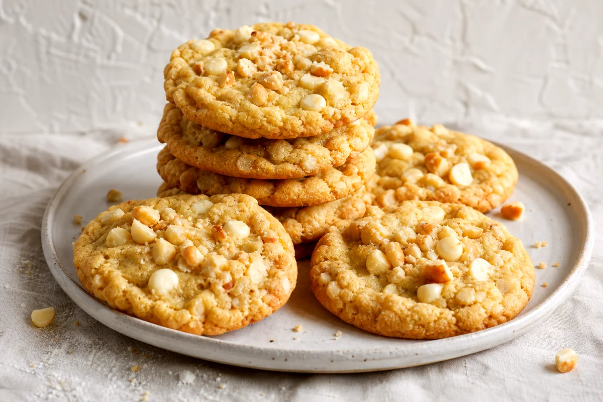 Chewy white chocolate macadamia nut cookies stacked on a white ceramic plate