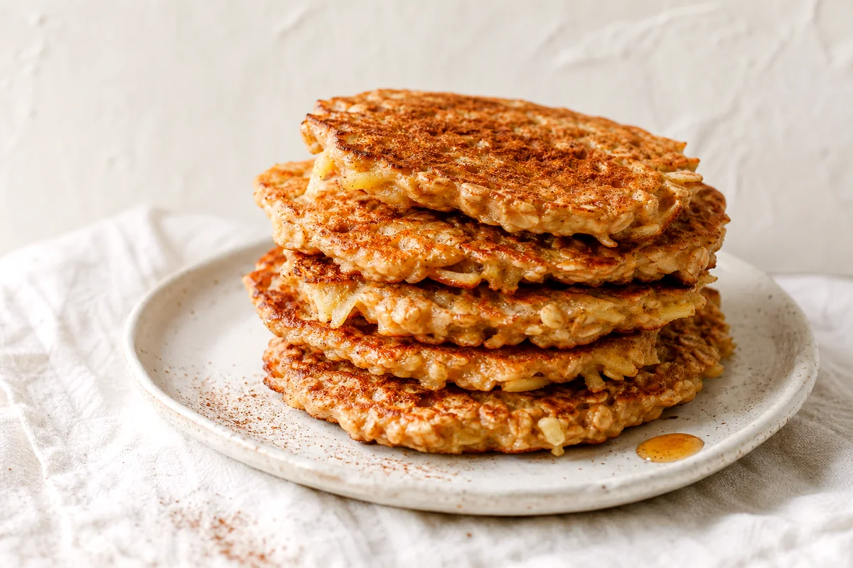 Stack of apple cinnamon oat pancakes with browned edges on a white ceramic plate