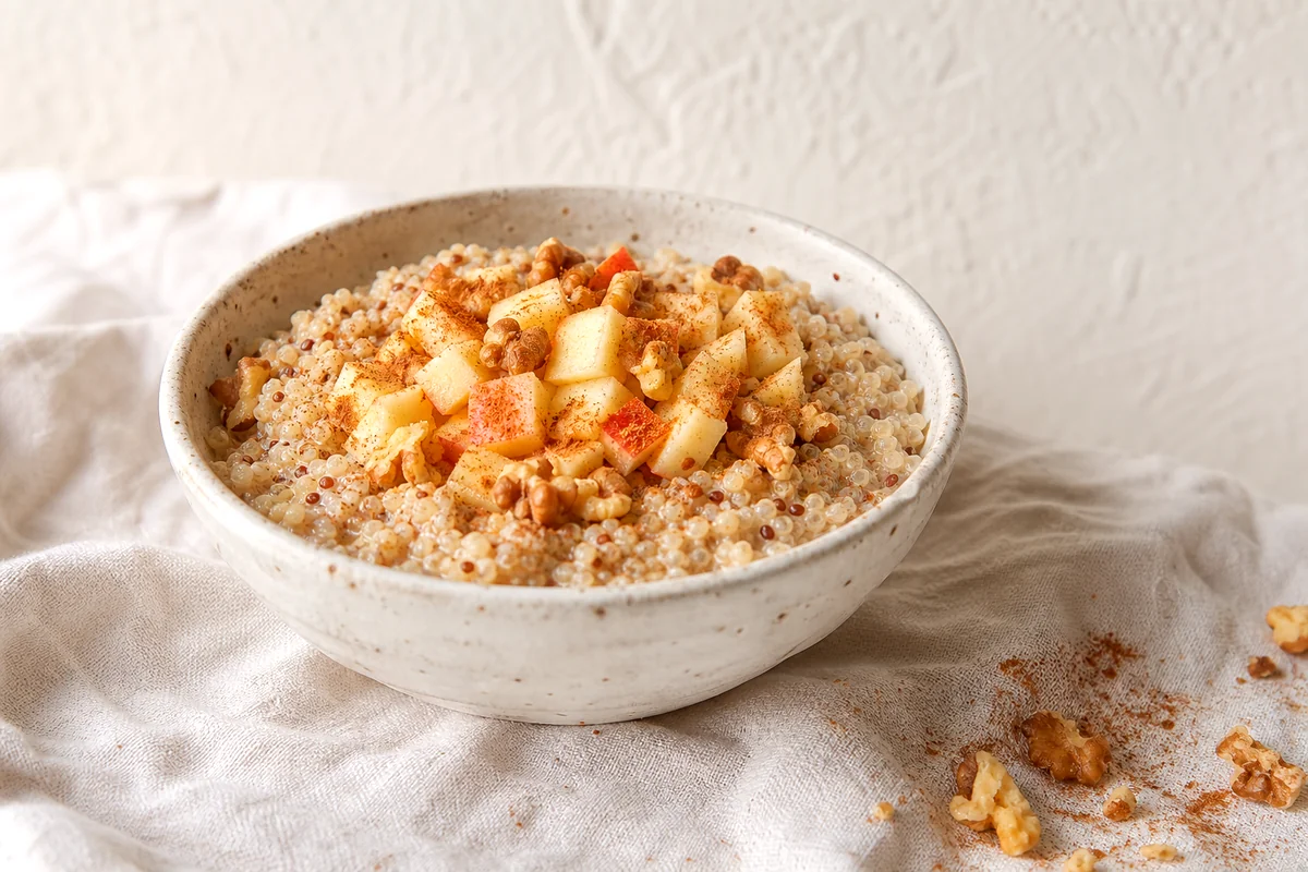 Creamy quinoa breakfast bowl topped with diced apples, cinnamon, flaxseed, and chopped walnuts