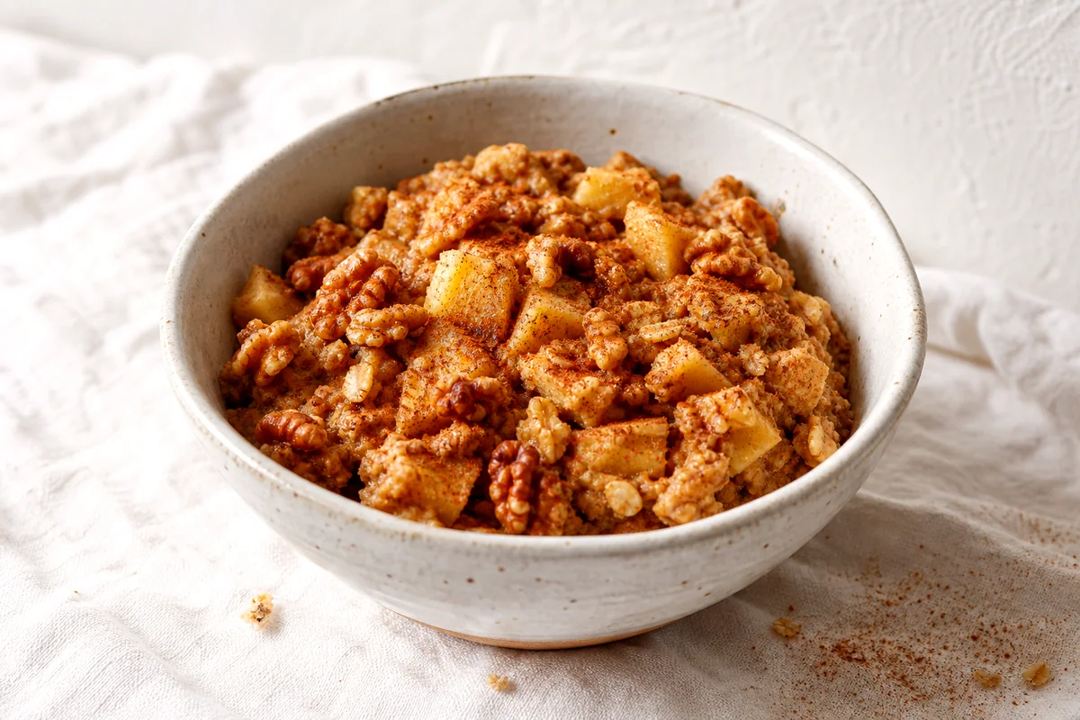 Warm baked oatmeal with diced apples and walnuts in a white ceramic bowl