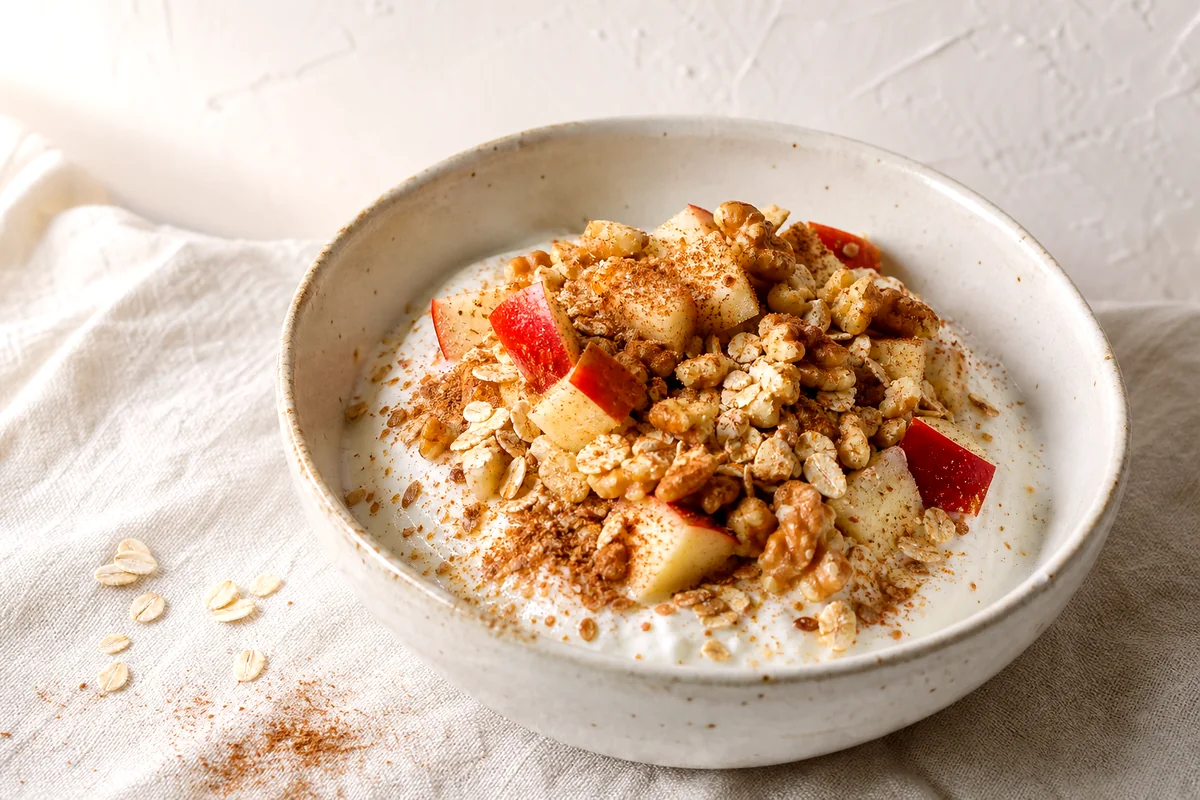 Creamy Greek yogurt bowl topped with diced apple, walnuts, oats, flaxseed, and cinnamon