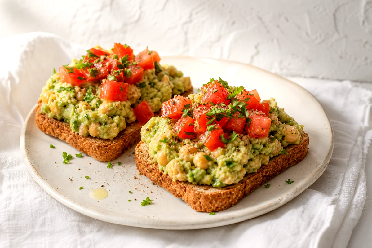 Creamy avocado chickpea toast with tomatoes and parsley on a white ceramic plate