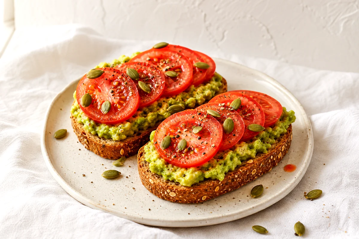 Whole grain toast topped with mashed avocado, tomato slices, black pepper, and pumpkin seeds