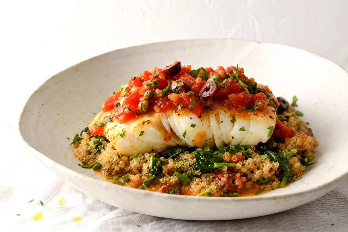 Flaky baked cod topped with tomato olive relish over herbed quinoa in a white ceramic bowl