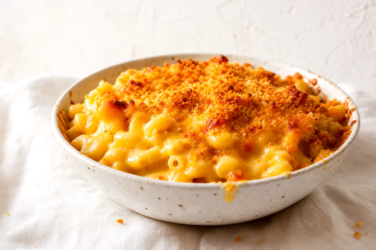 Creamy baked mac and cheese in a white ceramic bowl with golden breadcrumbs