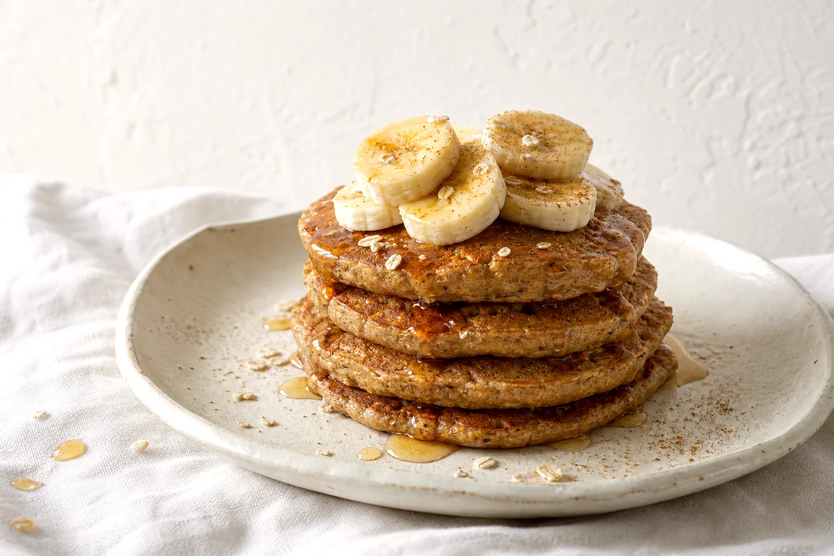 Stack of banana flaxseed pancakes with banana slices and maple syrup on a white ceramic plate
