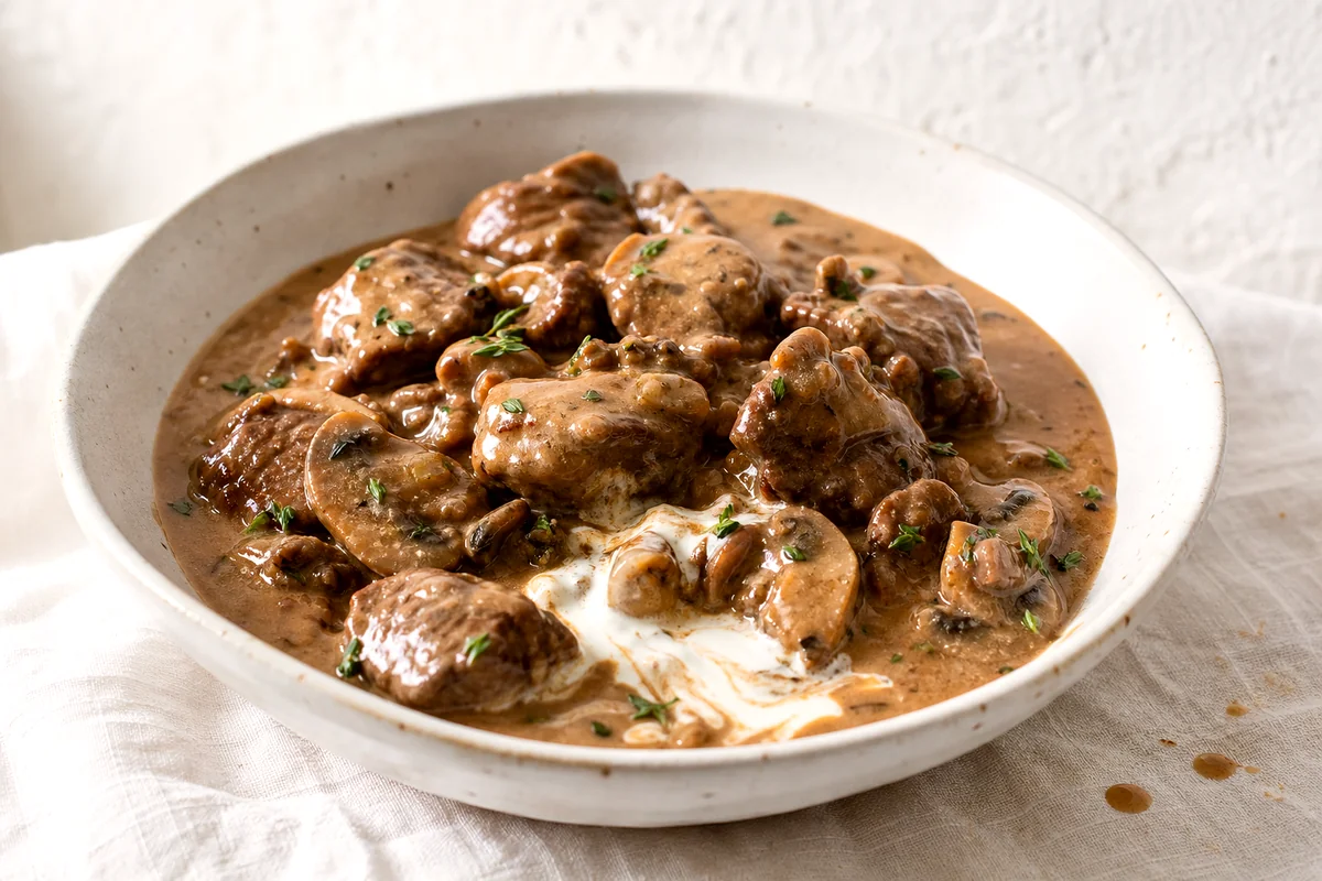 Tender beef tips and mushrooms in creamy brown gravy served in a white ceramic bowl