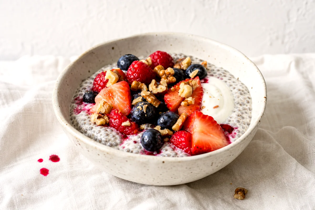 Creamy chia pudding topped with Greek yogurt, mixed berries, and chopped walnuts in a white ceramic bowl