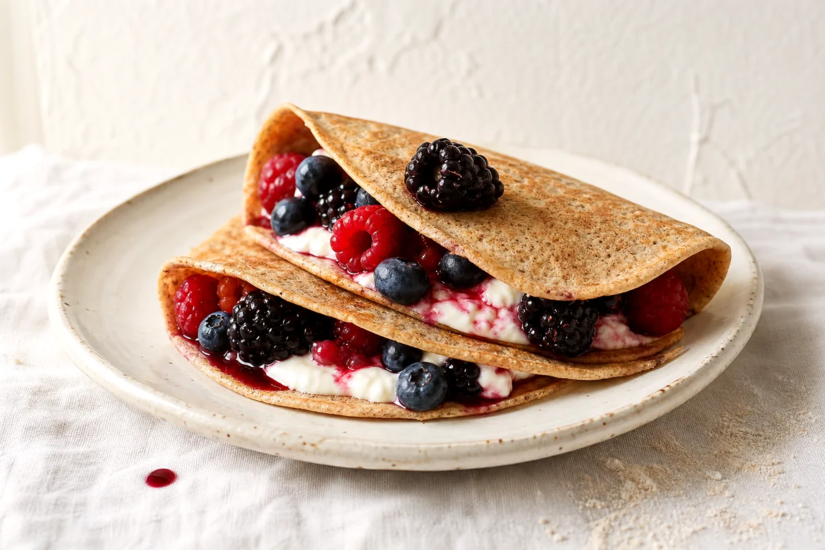 Folded whole grain crepes filled with Greek yogurt and mixed berries on a white ceramic plate