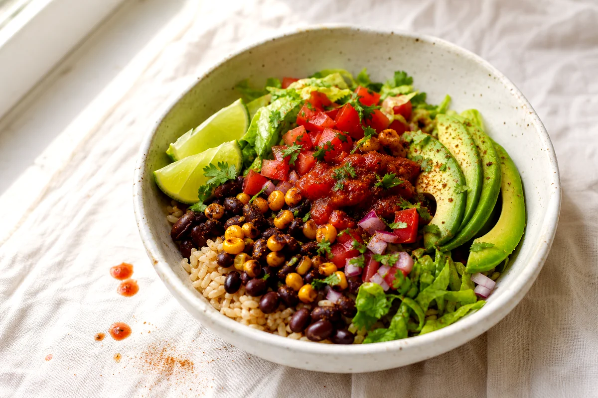 Finished burrito bowl with brown rice, black beans, corn, avocado, salsa, lettuce, and lime