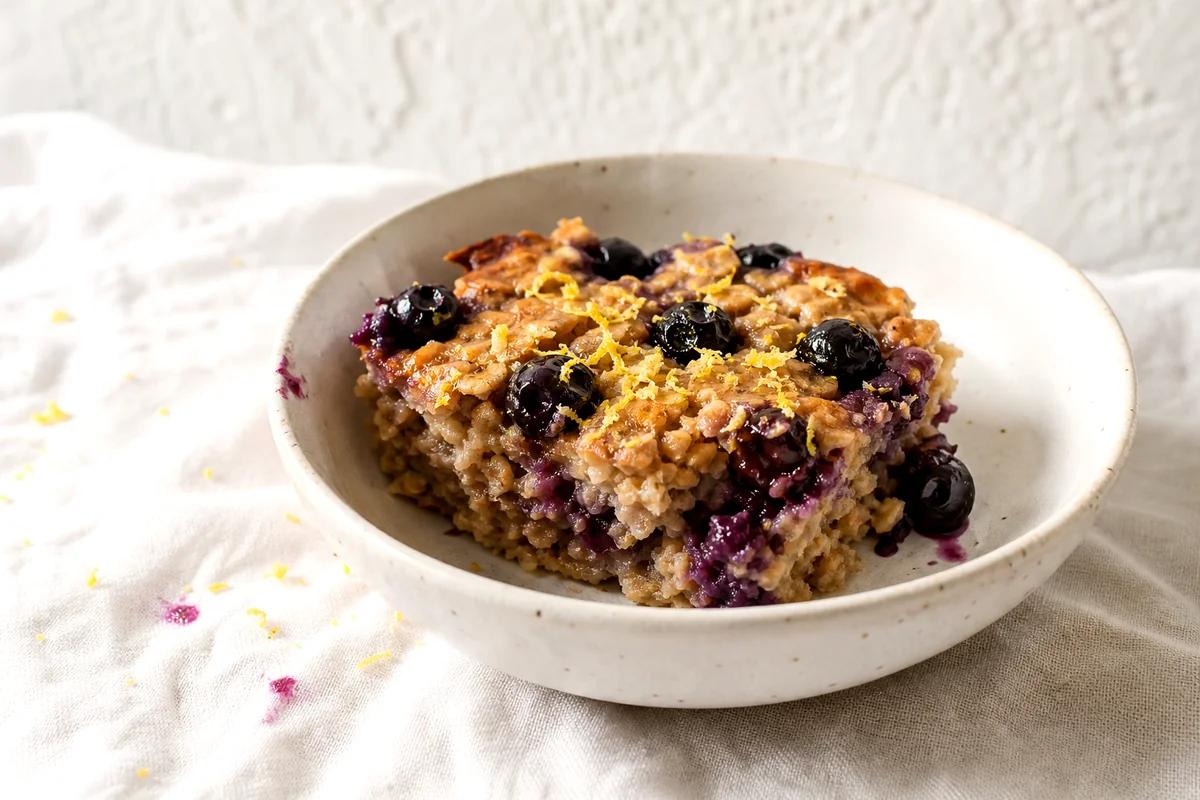 Warm square of blueberry lemon baked oatmeal in a white ceramic bowl with lemon zest on top