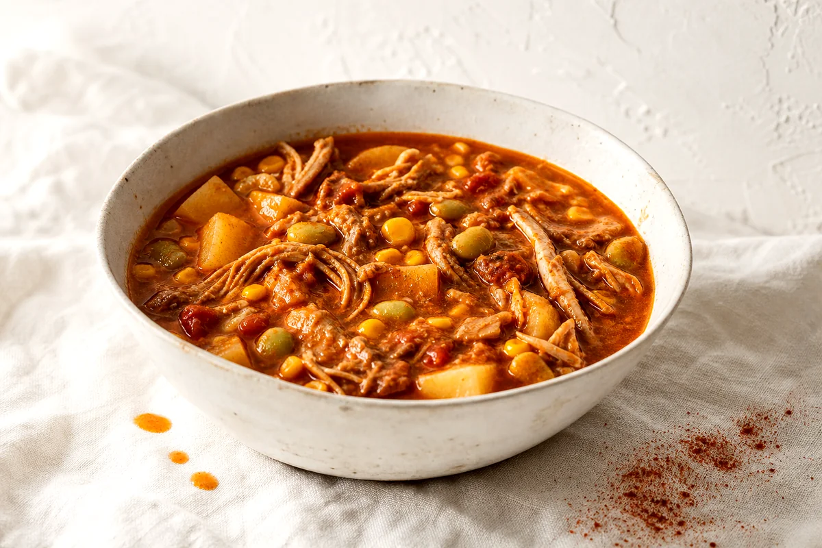 Thick Brunswick stew with shredded meat, potatoes, corn, and lima beans in a white ceramic bowl
