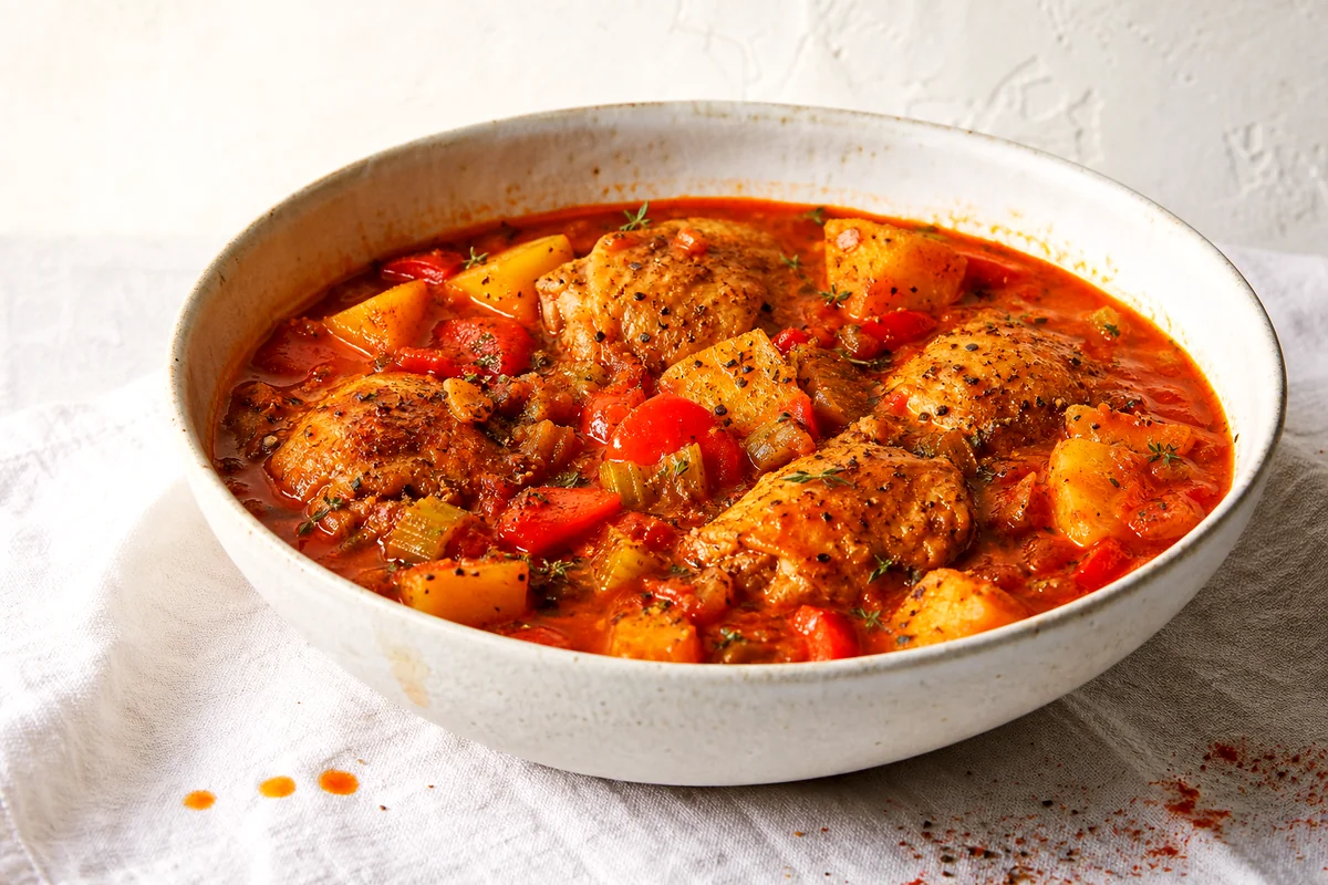 Bowl of Cajun chicken stew with potatoes, peppers, and thick tomato broth