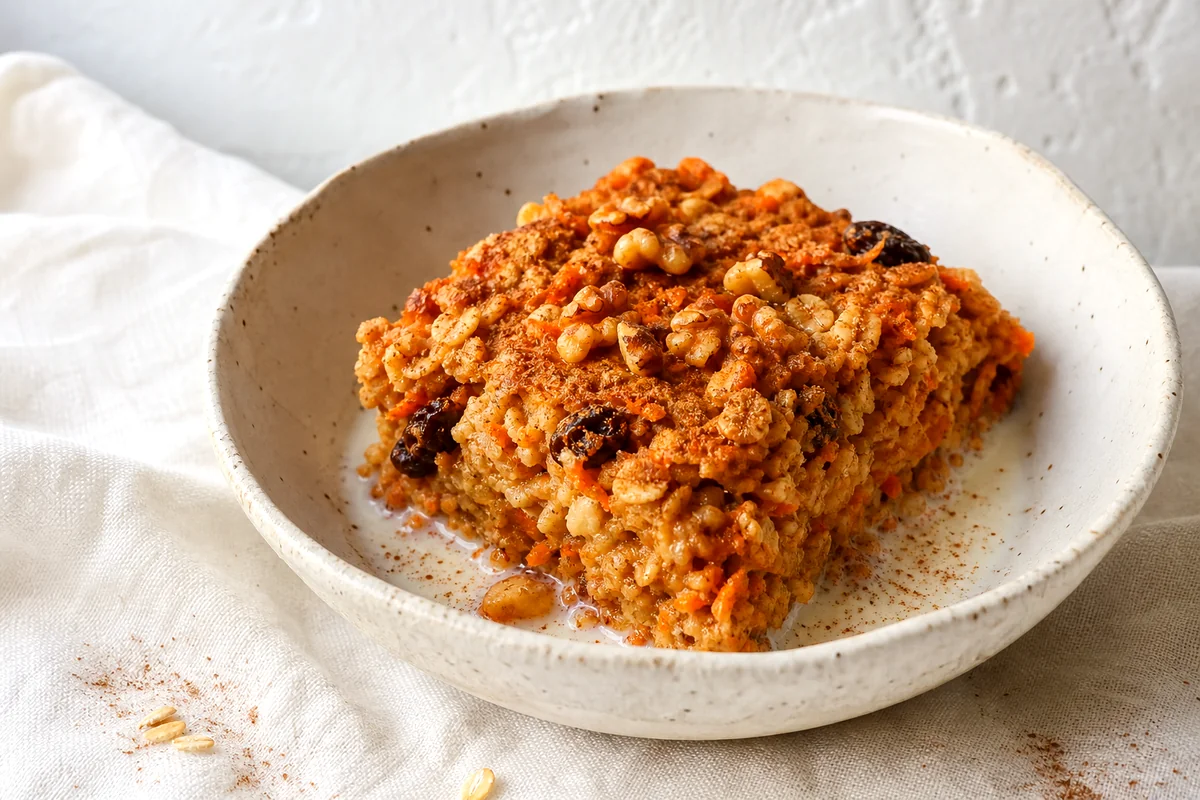 Warm carrot cake baked oatmeal square with raisins, walnuts, grated carrot, and milk in a white ceramic bowl