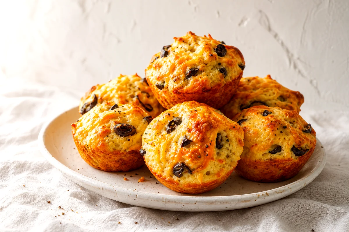Golden savory muffins with melted cheese and chopped olives on a white ceramic plate