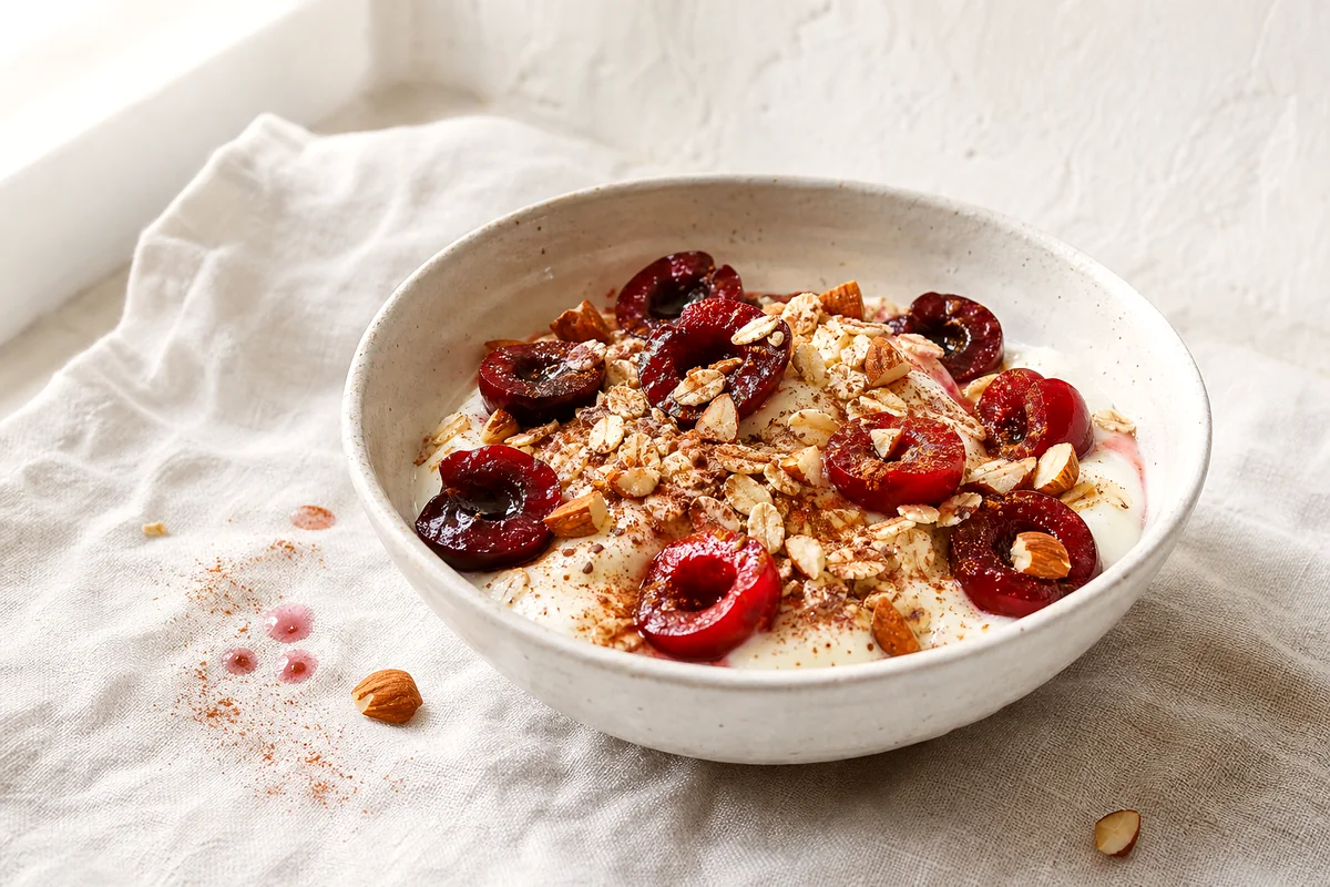 Creamy yogurt bowl topped with cherries, almonds, oats, flaxseed, and cinnamon