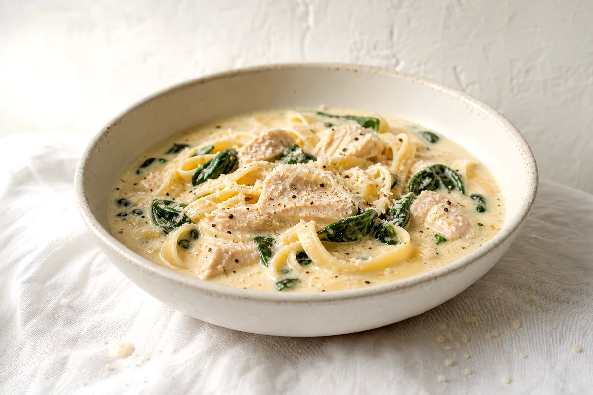 Creamy chicken soup with pasta, spinach, Parmesan, and black pepper in a white ceramic bowl