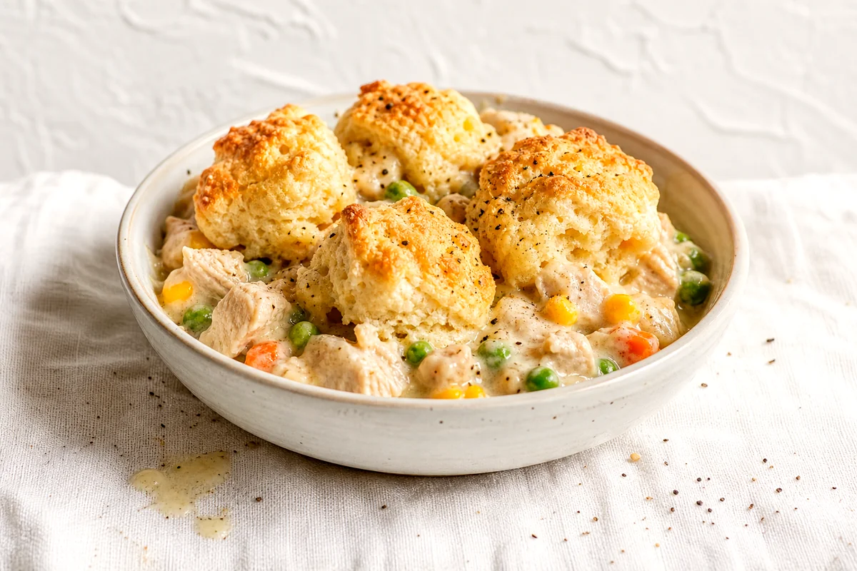 Creamy chicken biscuit casserole with golden biscuit topping in a white ceramic bowl