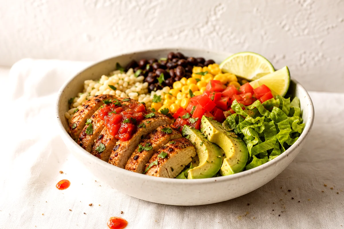 Burrito bowl with sliced chicken, black beans, brown rice, corn, tomatoes, lettuce, avocado, salsa, and lime