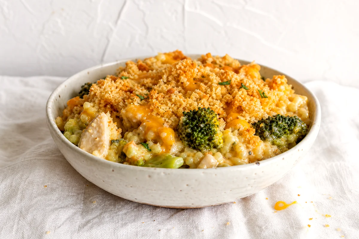Creamy chicken broccoli rice casserole with cheddar and golden breadcrumb topping in a white ceramic bowl
