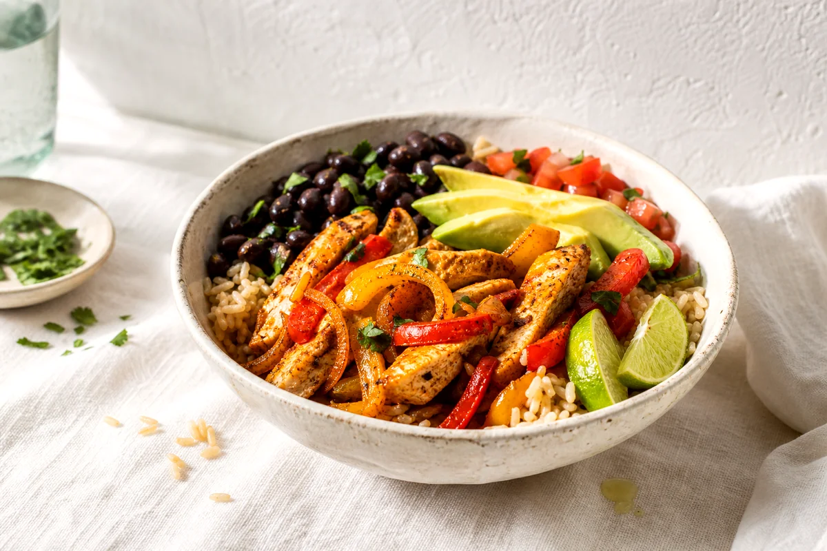 Chicken fajita rice bowl with black beans, peppers, avocado, tomatoes, and lime