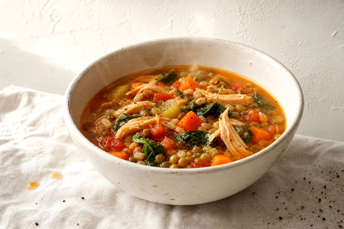 Hearty chicken lentil vegetable soup with barley, carrots, tomatoes, and spinach in a white ceramic bowl