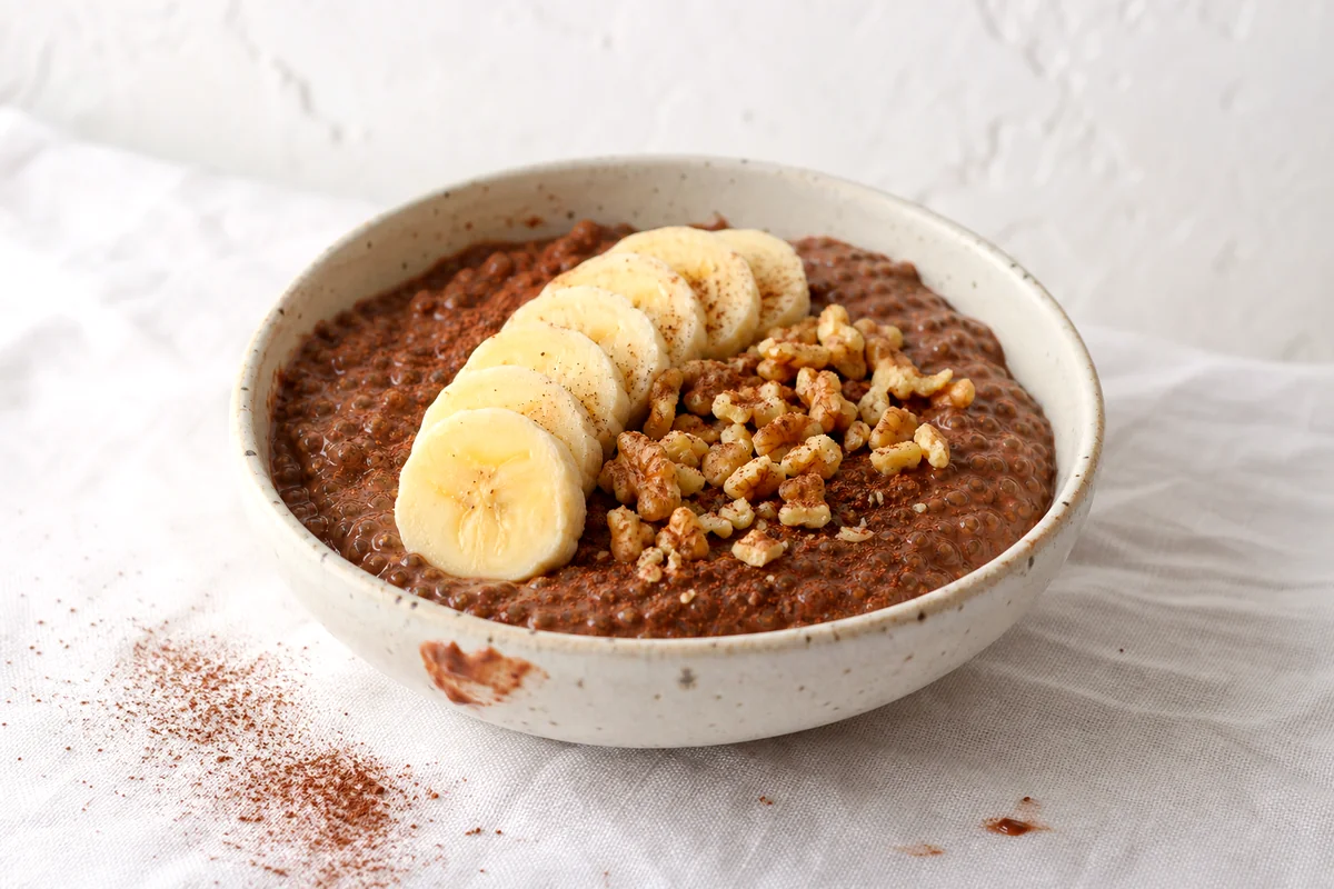 Creamy chocolate banana chia pudding topped with banana slices and chopped walnuts in a white ceramic bowl