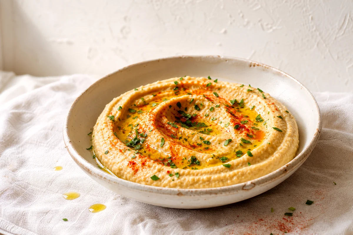Creamy hummus with olive oil, paprika, and parsley in a white ceramic bowl